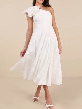 Lulu's White One-Shoulder Ruffle Midi Dress